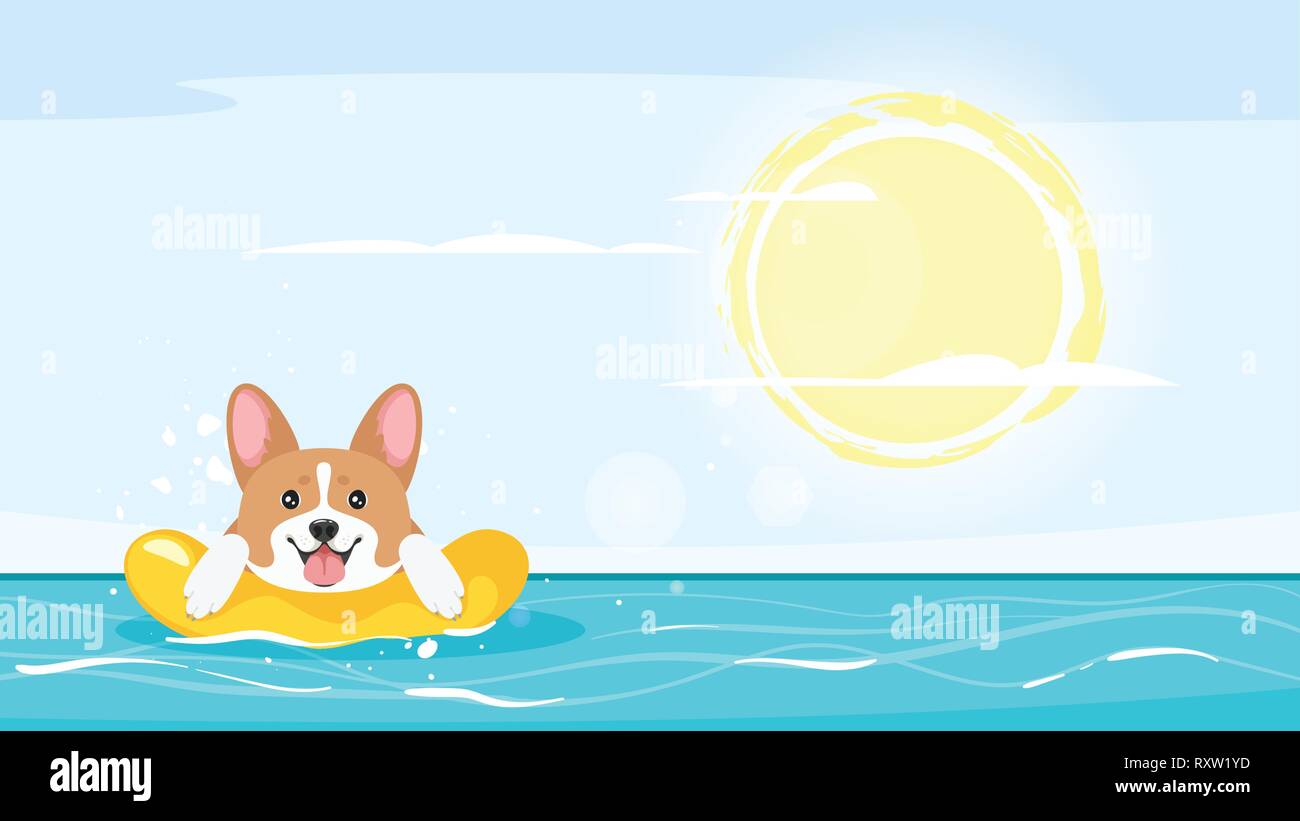 Vector cartoon style fond de mer avec plaisir corgi chien flottant dans un anneau gonflable. Bonne journée ensoleillée avec un ciel clair. Vector illustration. Vac Illustration de Vecteur