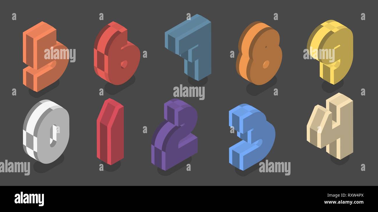 Ensemble de dix numéros isométrique de zéro à neuf. Numéro 3d Vector design en plastique. Illustration de Vecteur