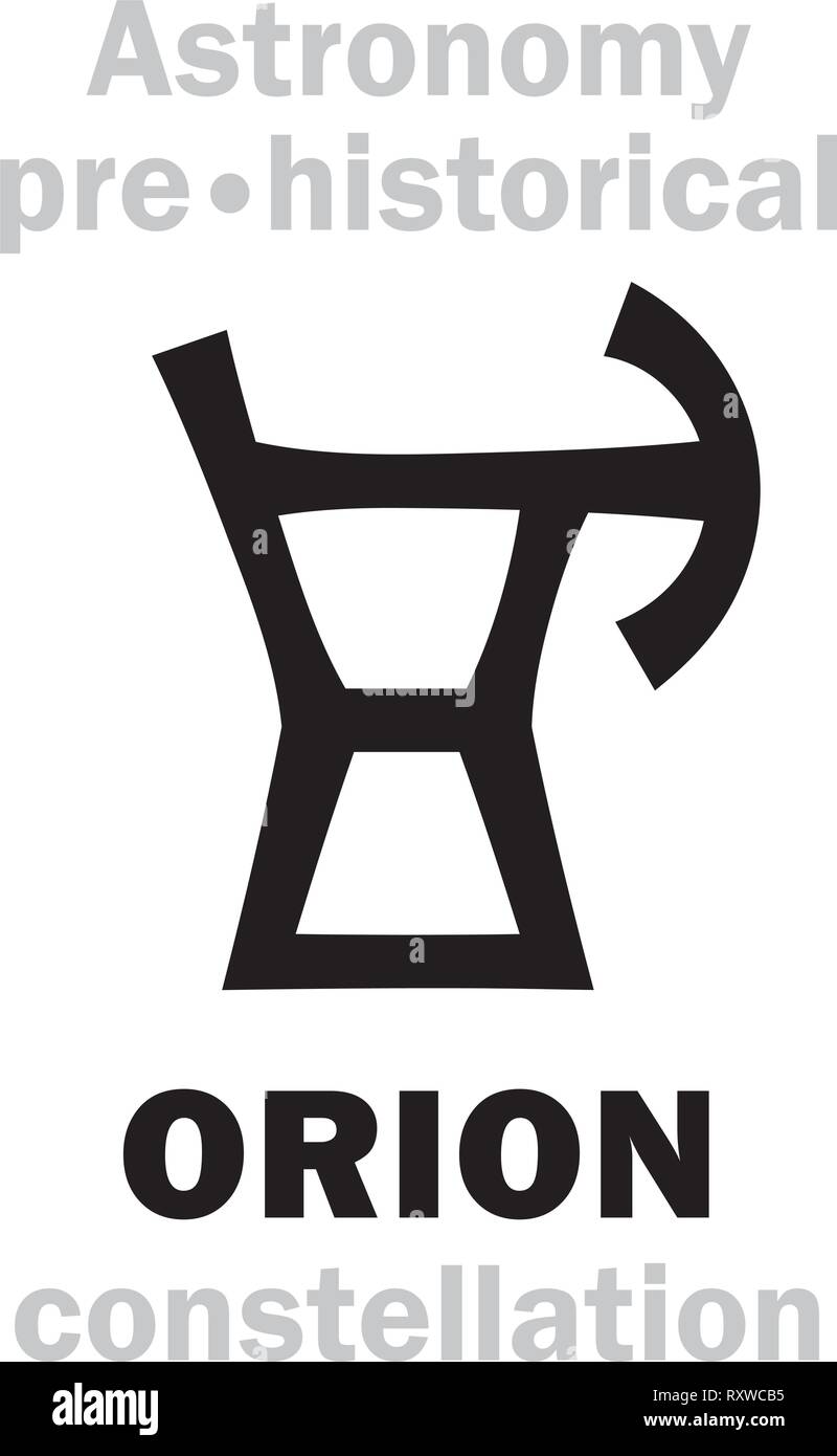 Alphabet d'astrologie : ORION (le chasseur géant divin), l'un des trois pré-Néolithique Ancien Historique des constellations. Hiéroglyphe signe (symbole du logo). Illustration de Vecteur
