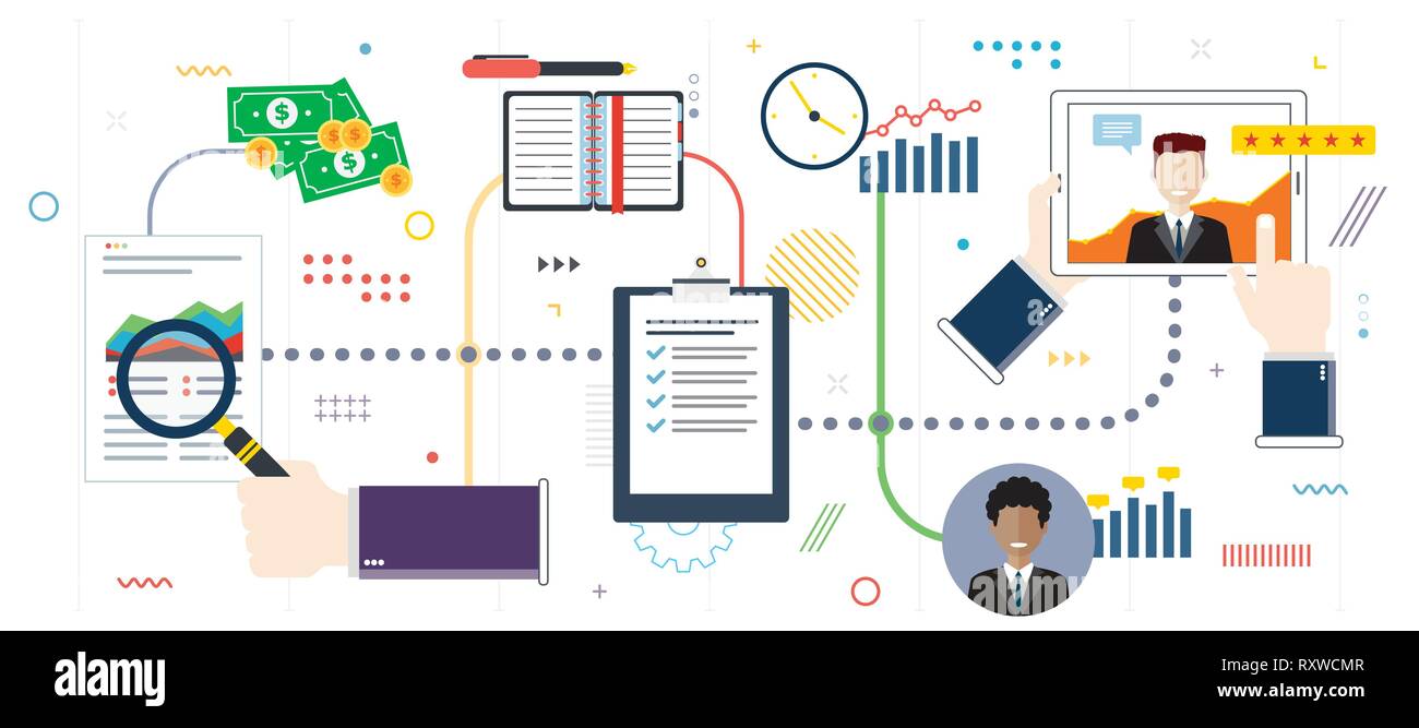 Analyse, évaluation et rétroaction dans les affaires. Témoignages de clients, commentaires, cote et aimé. Modèle en version plate pour les bandeaux web ou en infographie Illustration de Vecteur
