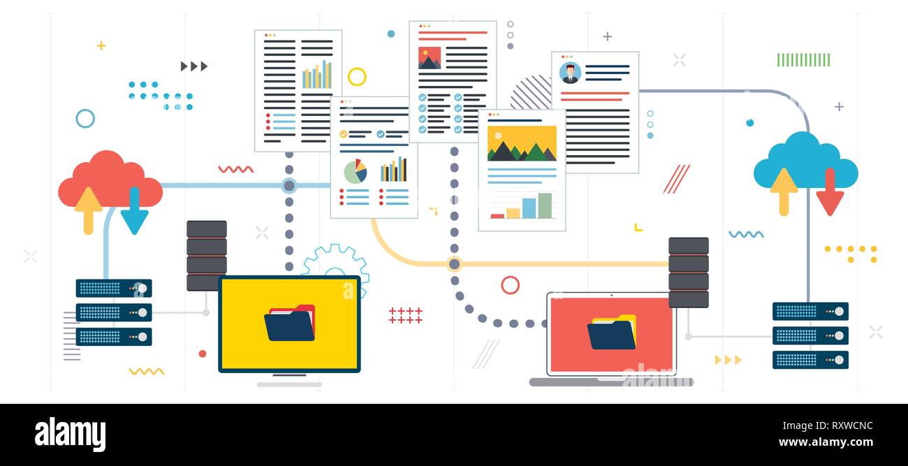 Le partage et le transfert de documents et de données. Transférer des données entre ordinateur et ordinateur portable. La sauvegarde des données et réseau informatique. Modèle en version plate pour Illustration de Vecteur