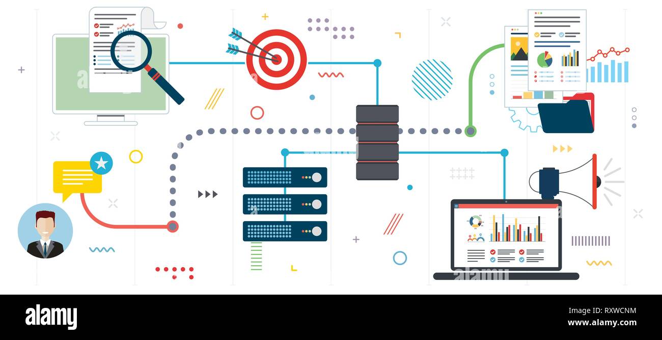 L'intelligence d'affaires, les ordinateurs du réseau, l'informatique en nuage et de réseau de données. L'accès aux fichiers du serveur d'ordinateur portable en réseau. Design plat pour une bannière web ou dans Illustration de Vecteur