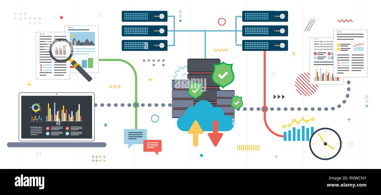 Cloud Computing, big data et analyse de l'exploration des données. Pour accéder aux données de l'ordinateur portable ordinateurs cloud. Réseau de données et de business intelligence. Modèle plat f Illustration de Vecteur