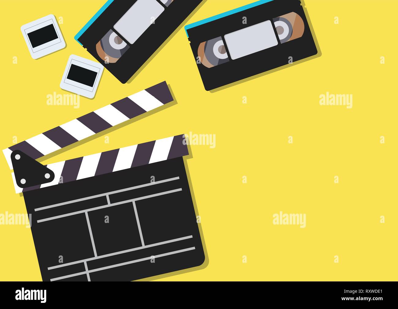 Movie clapper et cassettes vidéo sur fond jaune. Vector illustration Illustration de Vecteur