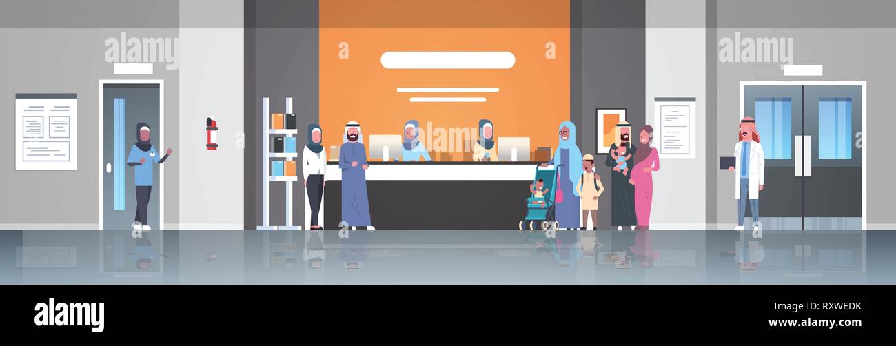 L'arabe en ligne permanent patients hijab file d'attente à la réception de l'hôpital 24 médecins de soins de consultation clinique hall d'attente intérieur concept Illustration de Vecteur