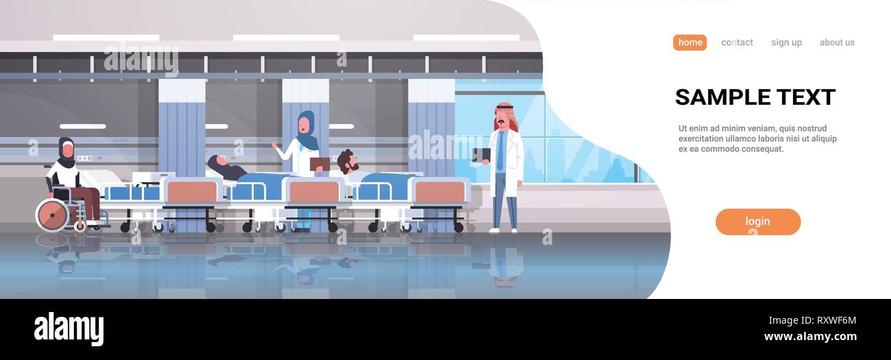 Visite de l'équipe médecins arabe arabes handicapés en fauteuil roulant assis patients couchette thérapie intensive ward healthcare hôpital concept salle de clinique Illustration de Vecteur