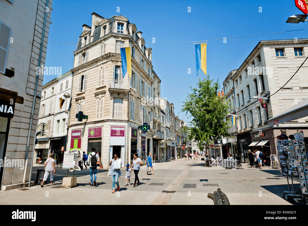 Niort (centre-ouest de la France) : 'rue Ricard" street dans le centre-ville. Immeubles et commerces dans l'une des rues commerçantes de la ville Banque D'Images