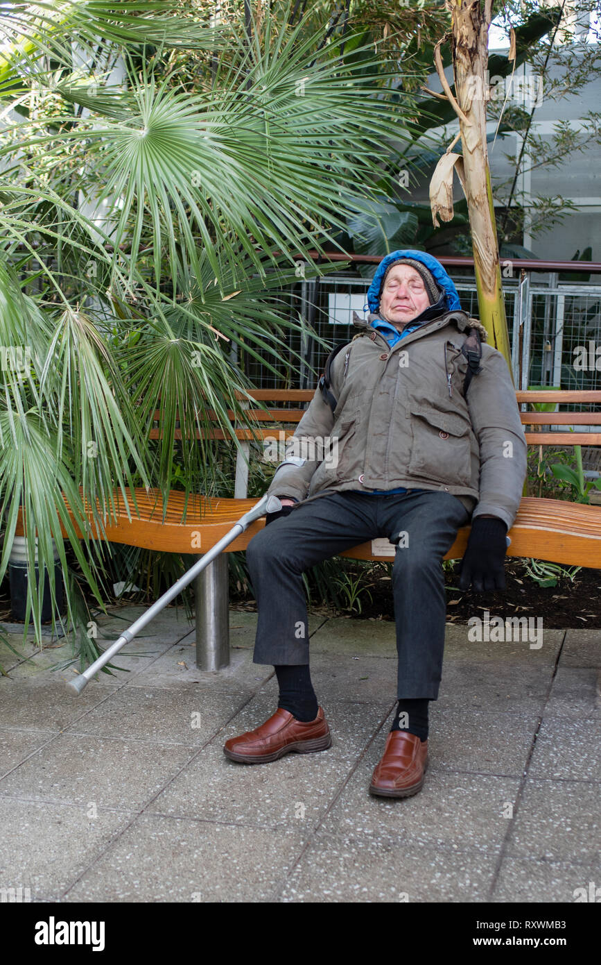 Un homme âgé avec une aide à la marche endormi sur un banc dans un cadre tropical. Banque D'Images