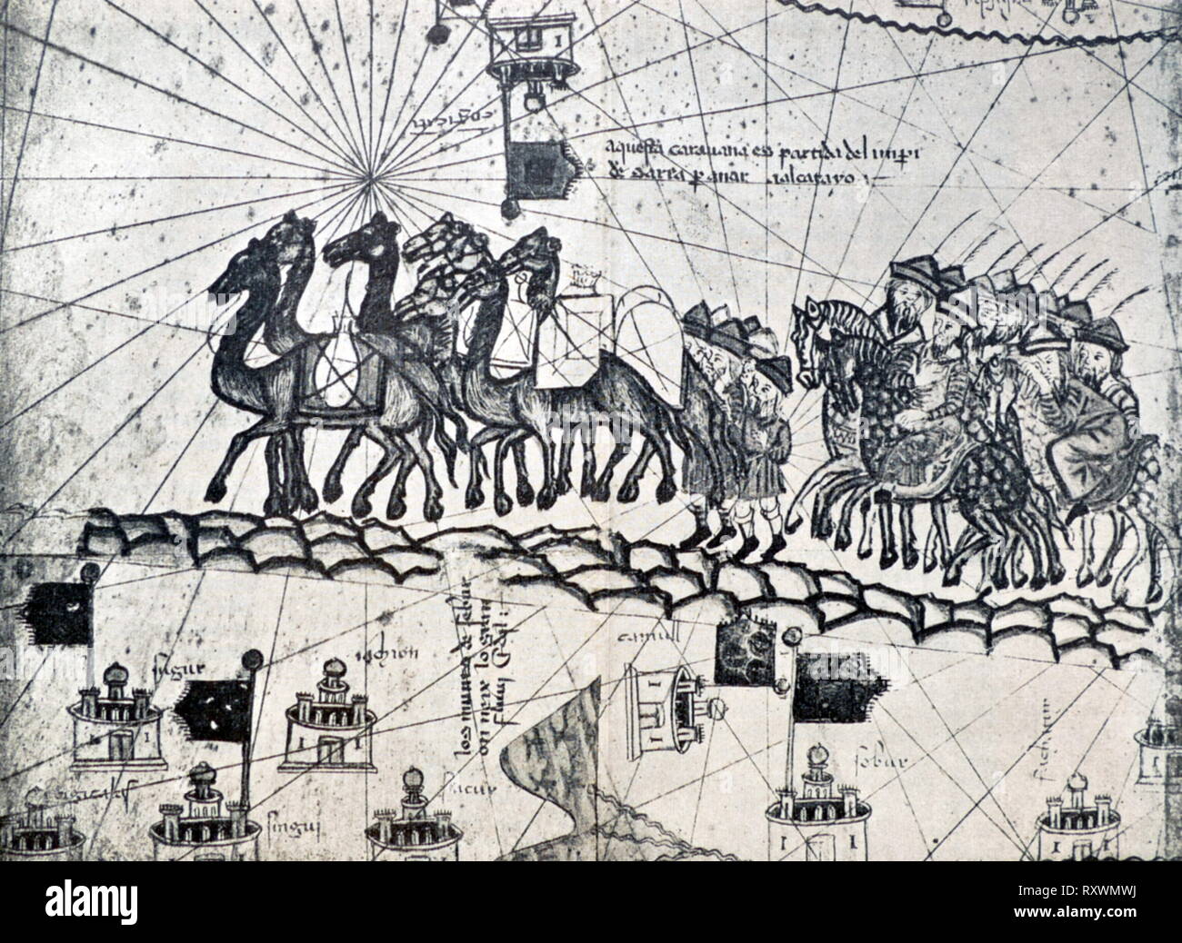 Détail de l'Atlas Catalan Marco Polo sur son expédition. L'Atlas Catalan  est le plus important site de la période médiévale en langue catalane  (dessiné et écrit en 1375 Photo Stock - Alamy