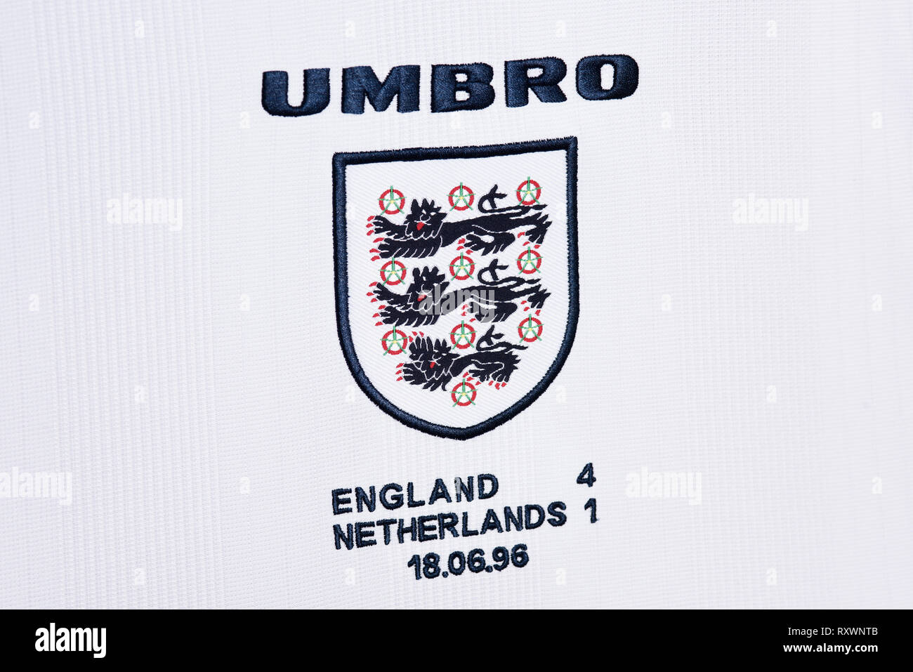 Close up de l'équipe nationale de football de l'Angleterre 96 Euro kit. Banque D'Images