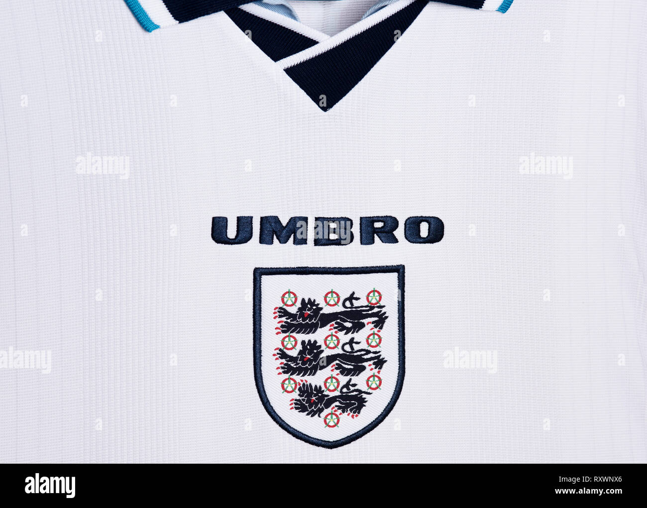 Close up de l'équipe nationale de football de l'Angleterre 96 Euro kit. Banque D'Images