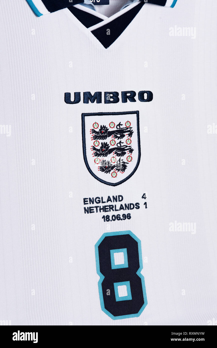 Close up de l'équipe nationale de football de l'Angleterre 96 Euro kit. Banque D'Images