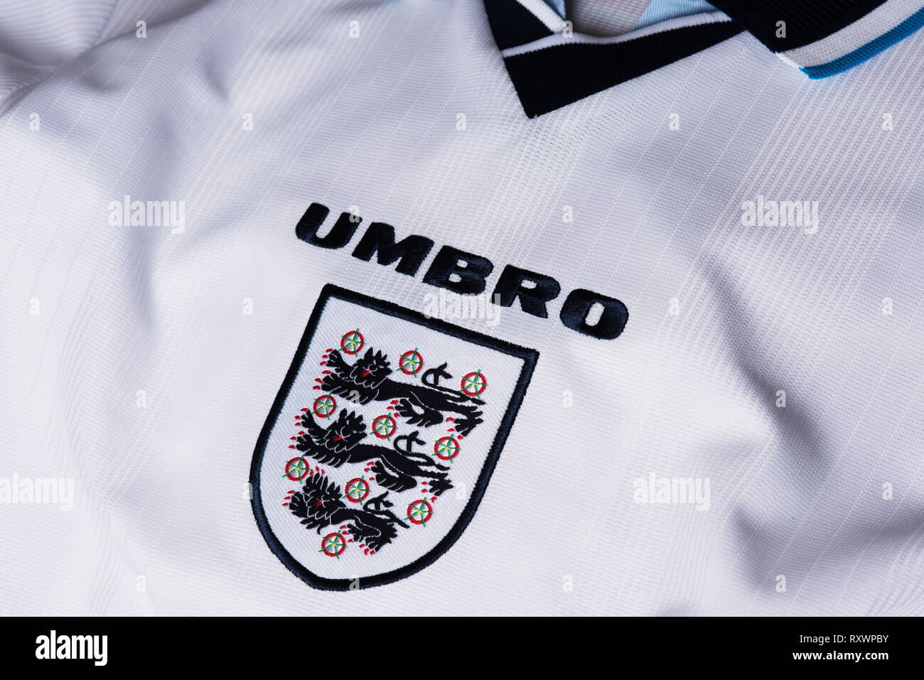 Close up de l'équipe nationale de football de l'Angleterre 96 Euro kit. Banque D'Images