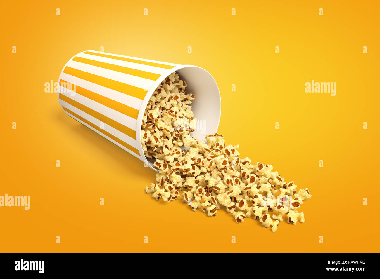 Le rendu 3D d'un seau de maîs éclaté en coin allongé avec du popcorn, renversé. Banque D'Images