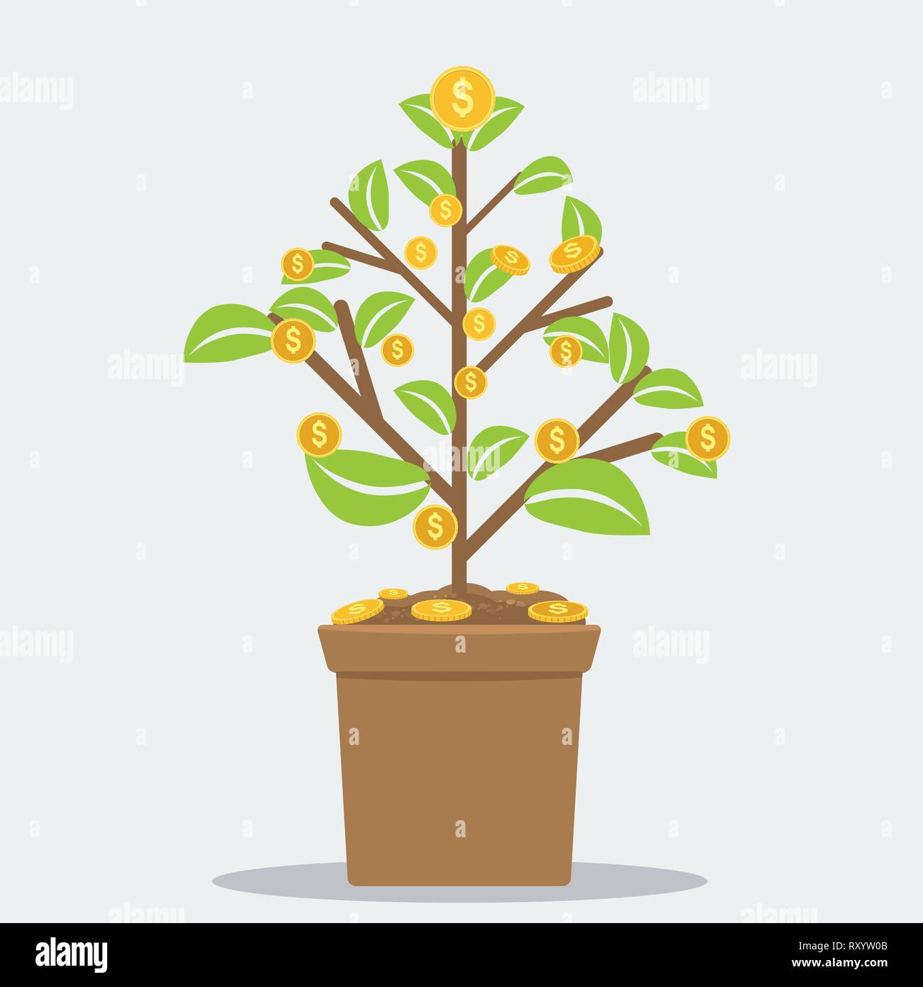 Concept d'investissement avec succès accueil plante en pot de fleurs et symbole du dollar monnaie. Télévision vector illustration. Illustration de Vecteur