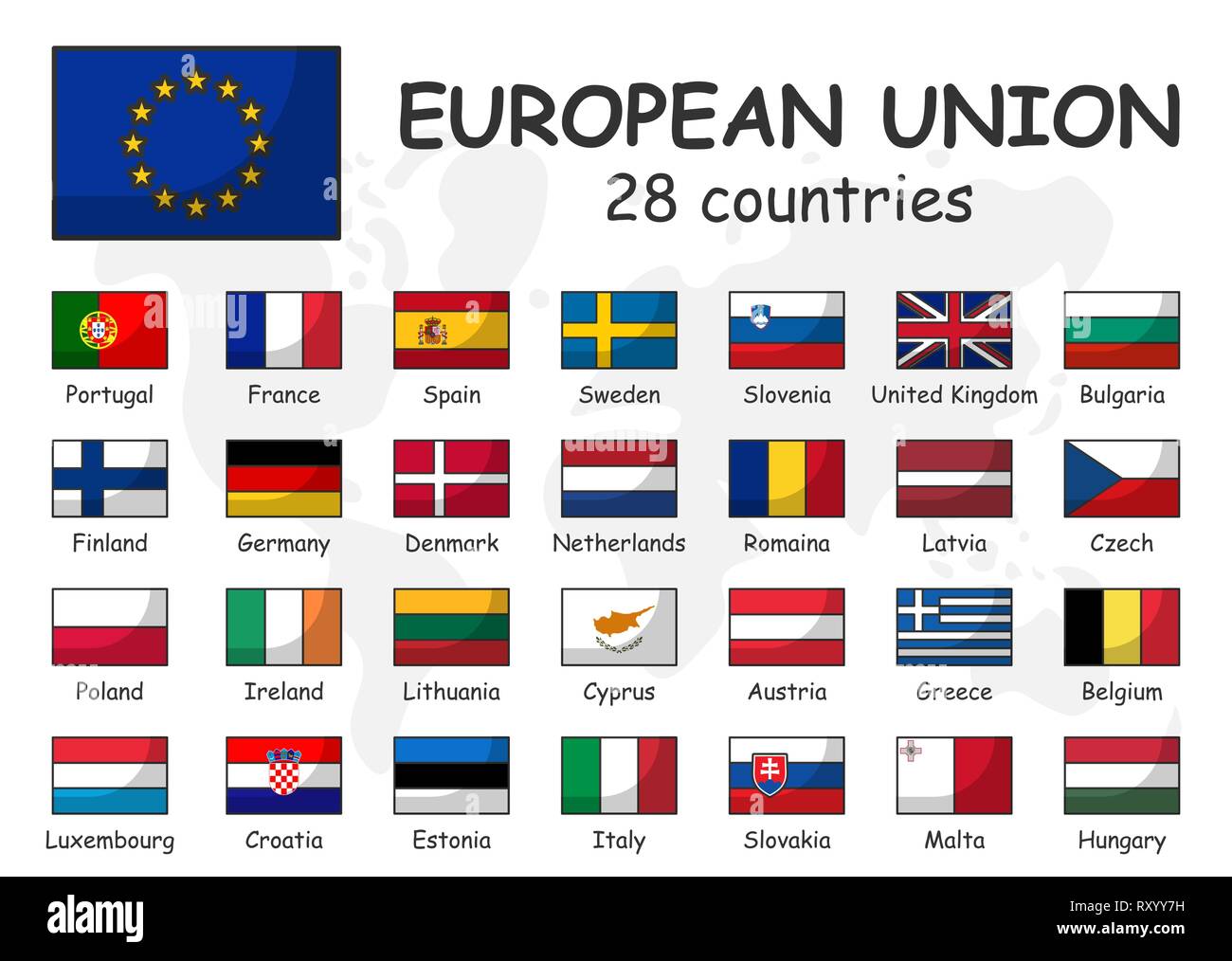 L'Union européenne et l'adhésion d'un drapeau . Association de 28 pays . Contour simple caricature moderne et design doodle world map background . Illustration de Vecteur