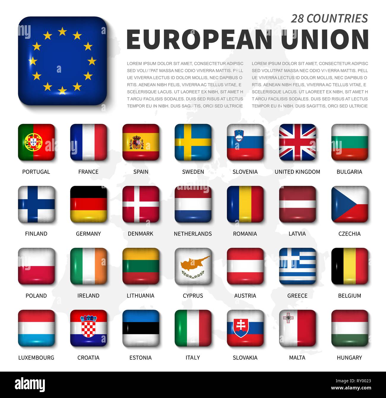 L'Union européenne ( UE ) et de l'appartenance d'un drapeau . Association de 28 pays . Angle rond bouton carré brillant et fond de carte de l'europe . Vector . Illustration de Vecteur