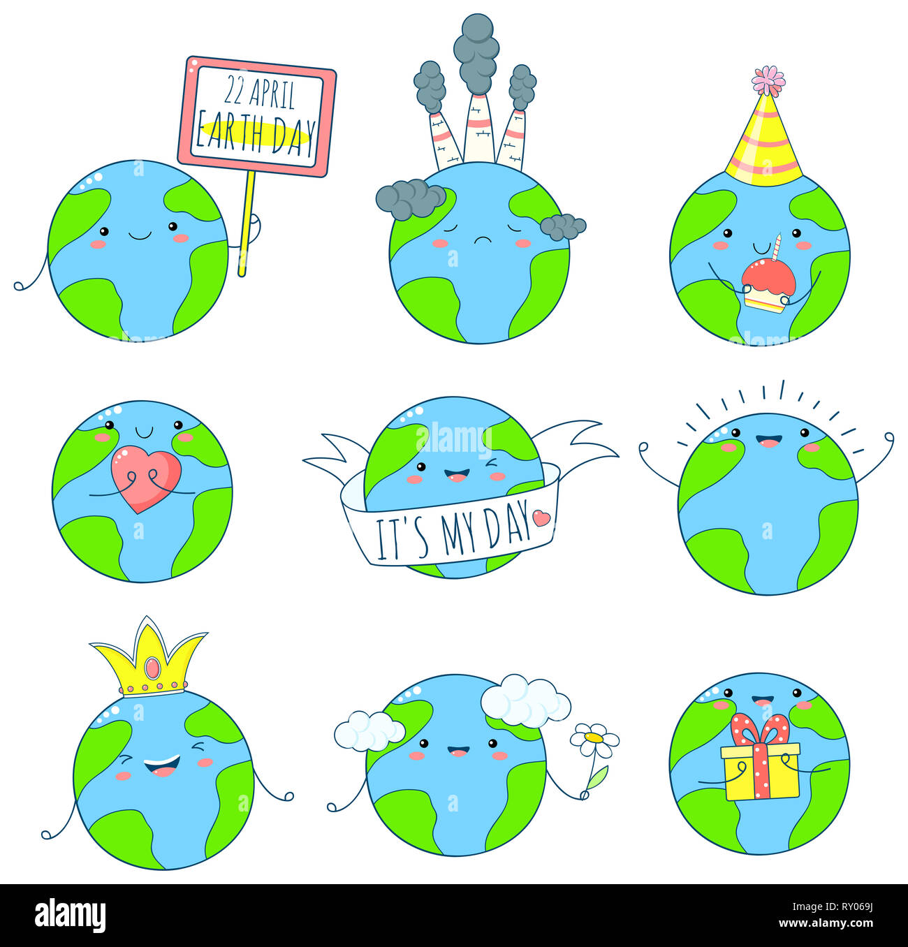 22 avril - Jour de la Terre. Ensemble d'icônes de la Terre cute kawaii style avec sourire et joues roses. Planètes avec fleur, coeur, Don. Spe8 Banque D'Images