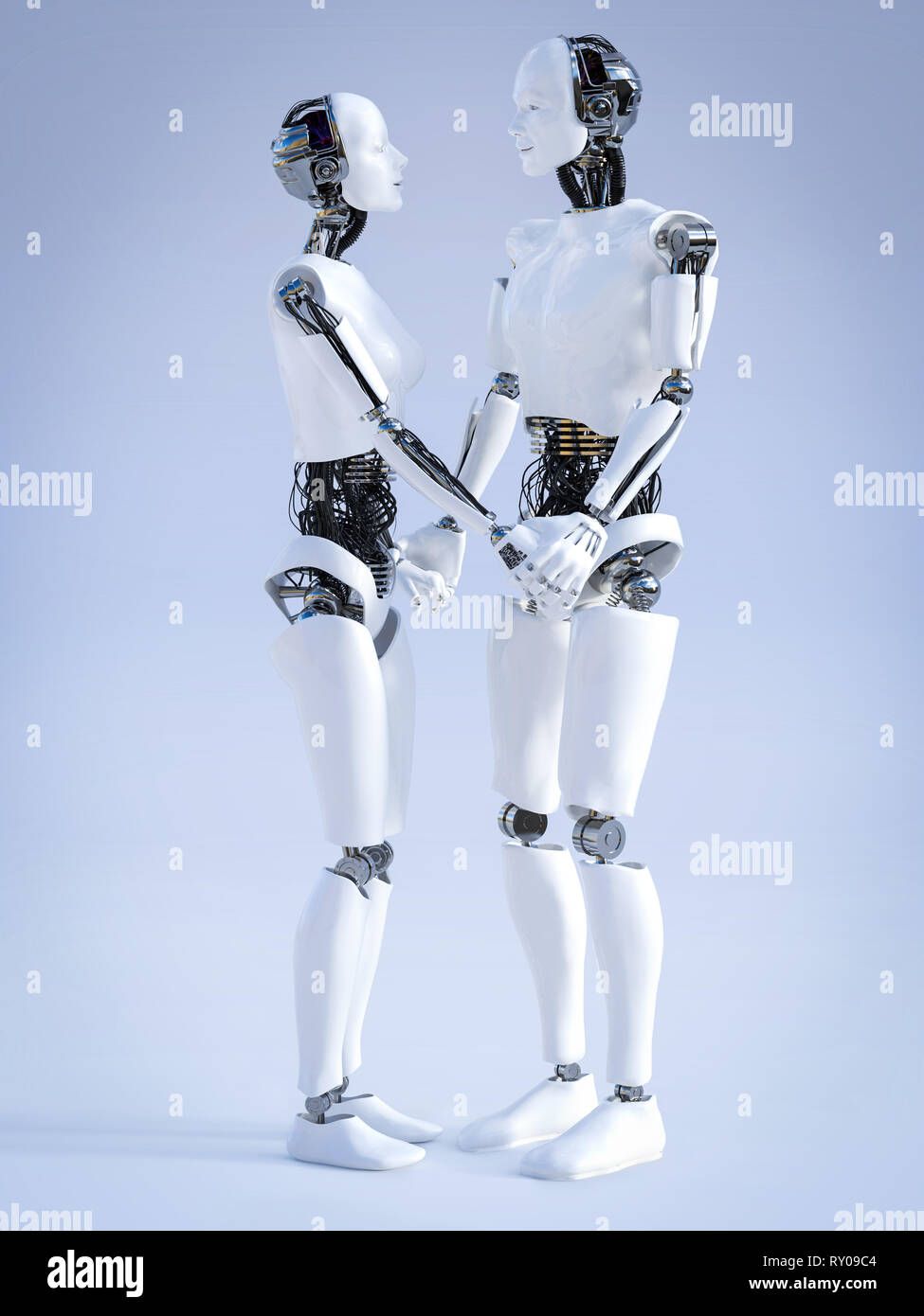 Le rendu 3D d'un homme et une femme robot debout face à l'autre et se tenir la main, se regardant et souriant. Amour futuriste concept. Banque D'Images