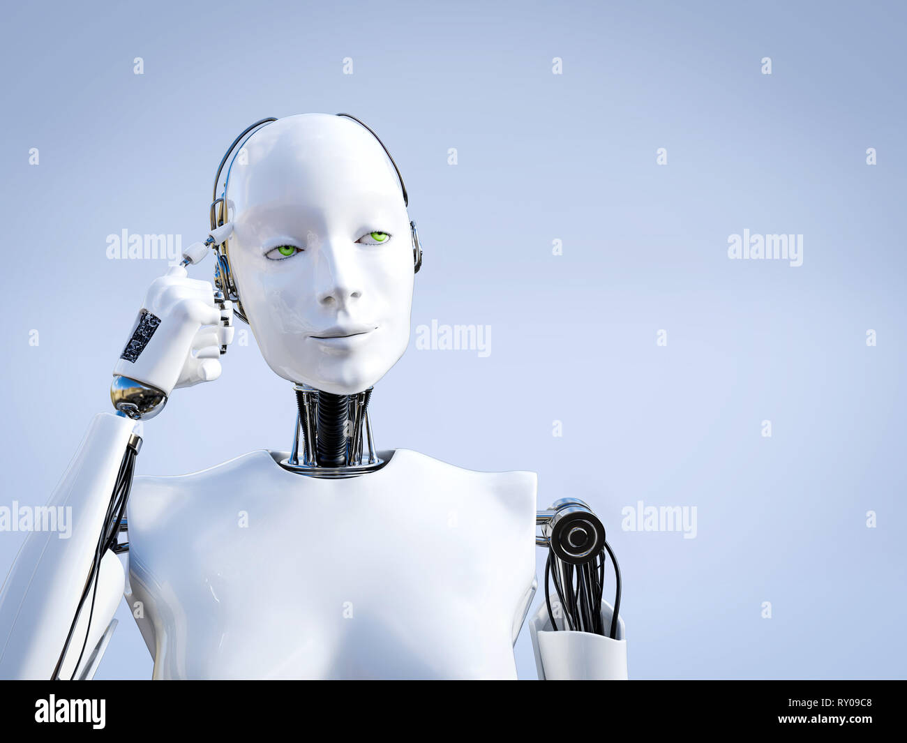 Le rendu 3D d'un robot femelle à la recherche comme elle pensait à quelque chose en utilisant son intelligence artificielle. Banque D'Images