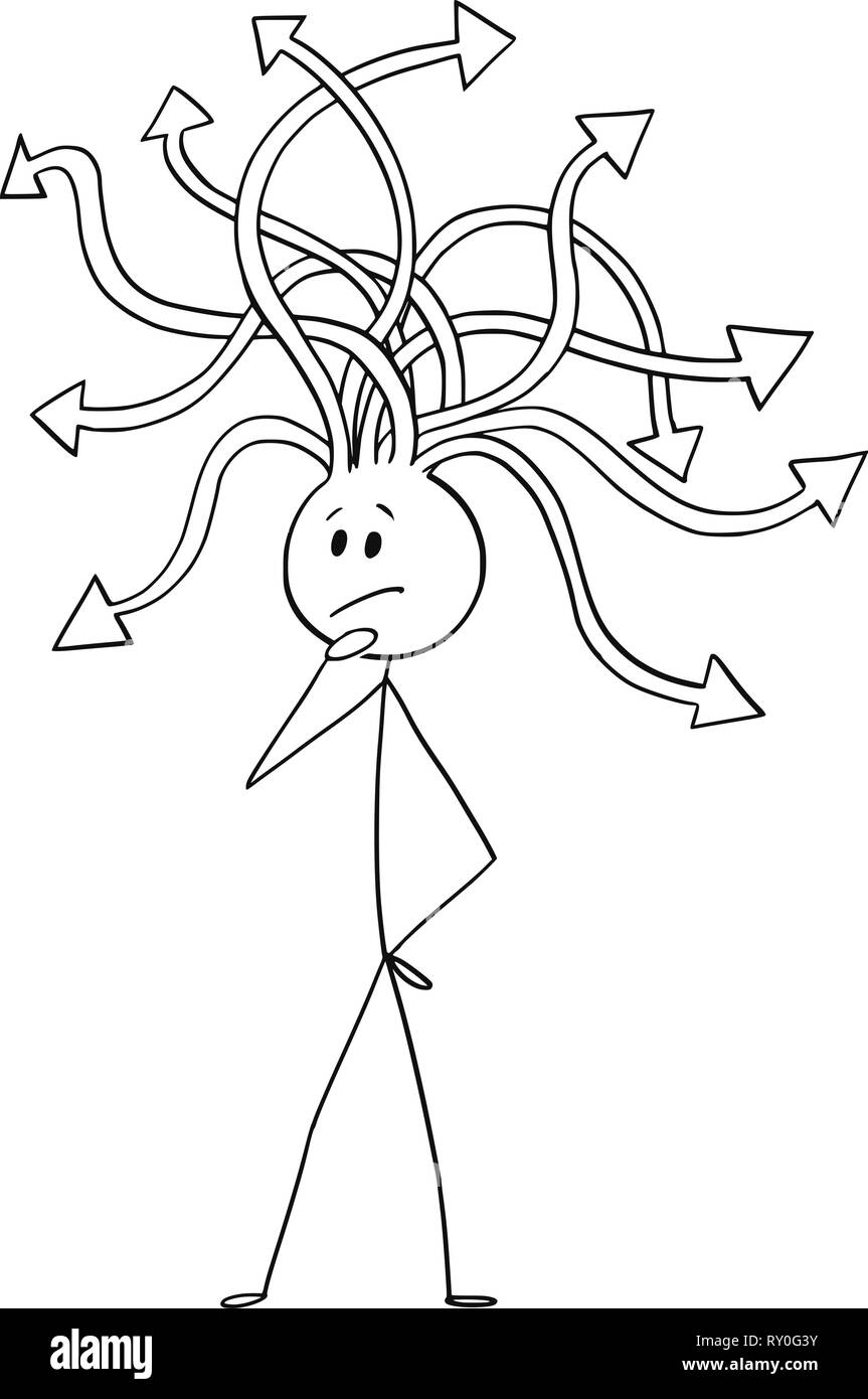Caricature de l'homme ou Homme pensant avec flèches sortent de sa tête Illustration de Vecteur