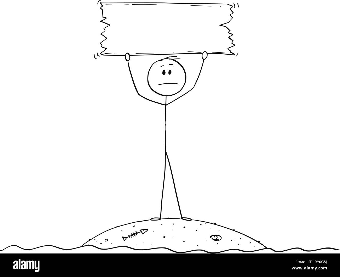 Caricature de l'homme sur la Petite île Castaway Holding Empty Sign Illustration de Vecteur