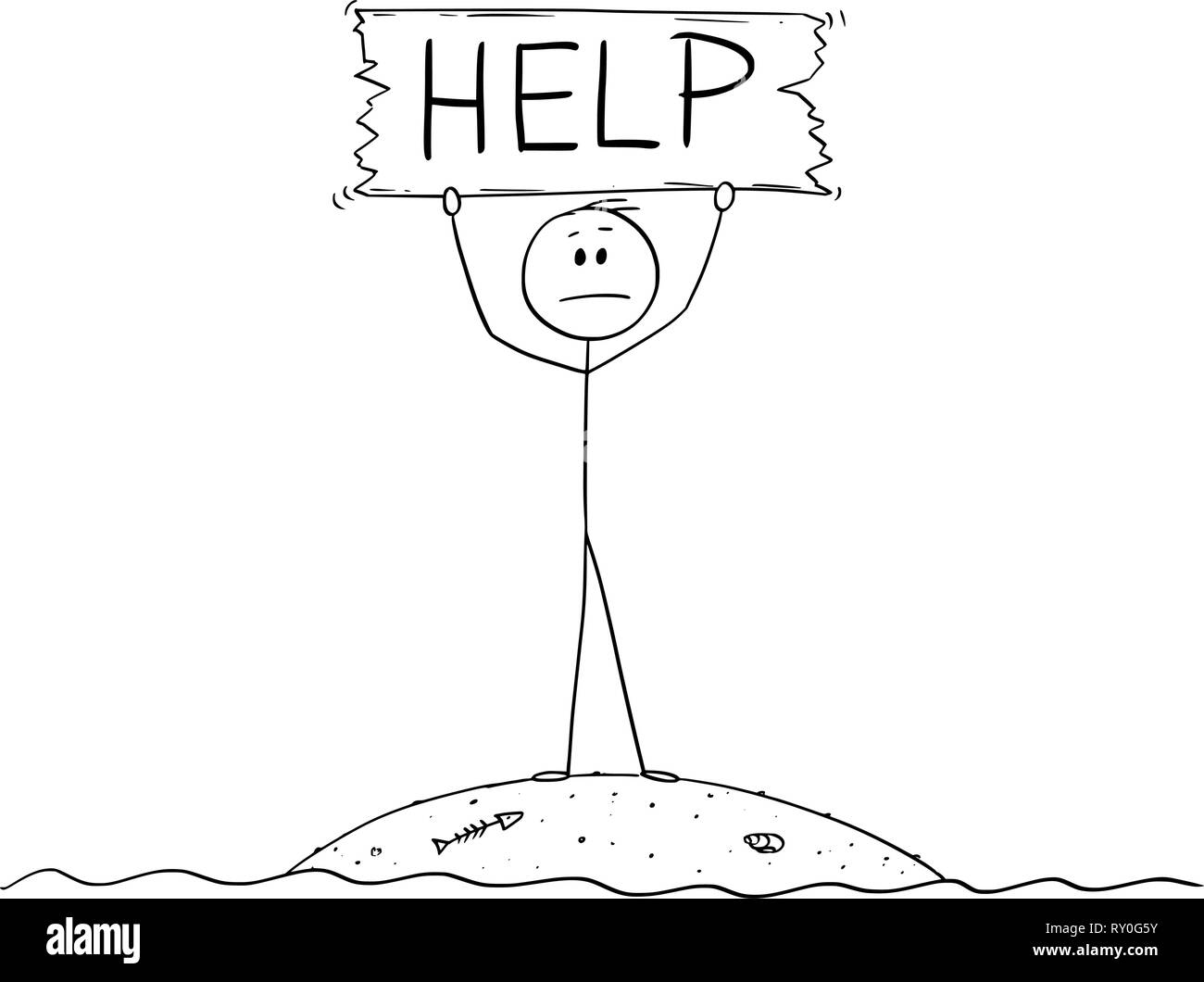 Caricature de l'homme sur la Petite île Castaway Holding Help Sign Illustration de Vecteur