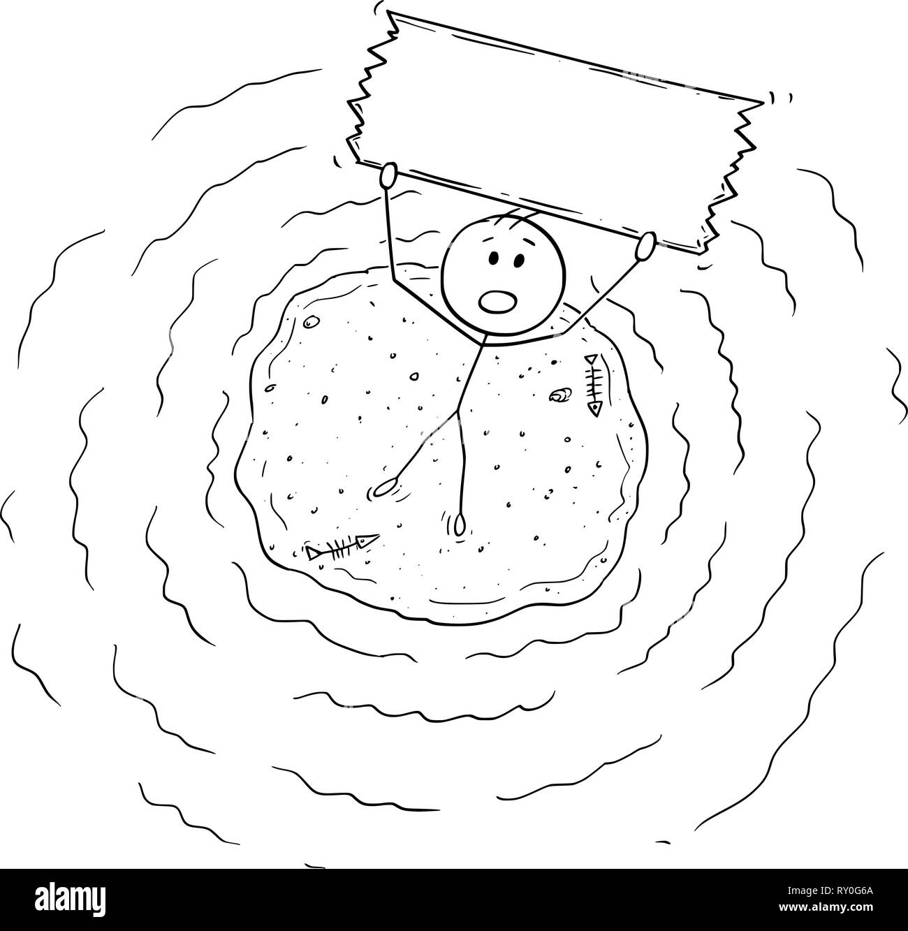 Caricature de Vue aérienne de l'homme sur l'île de Castaway petit vide Holding Sign Illustration de Vecteur