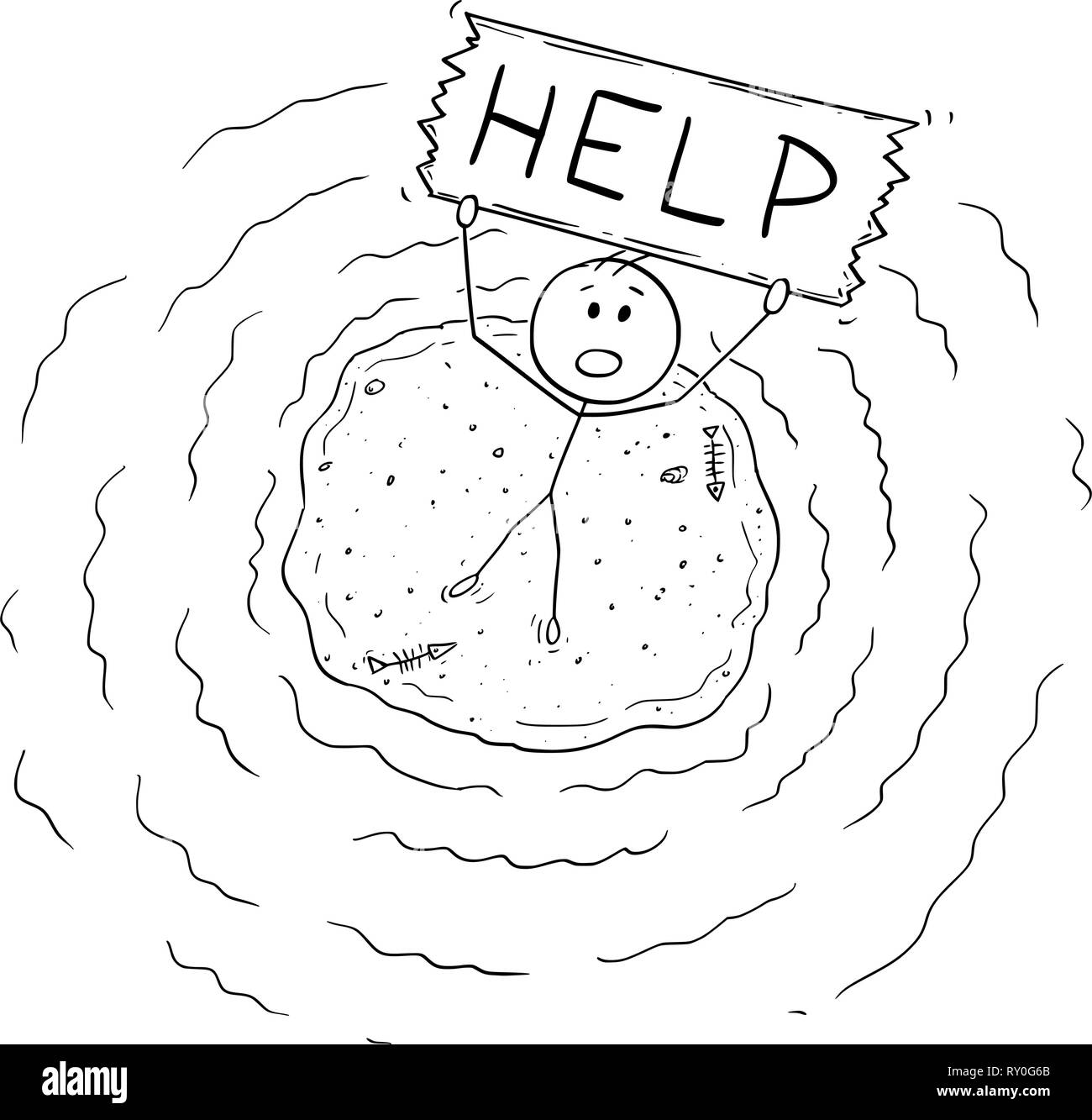 Caricature de Vue aérienne de l'homme sur la Petite île Castaway Holding Help Sign Illustration de Vecteur
