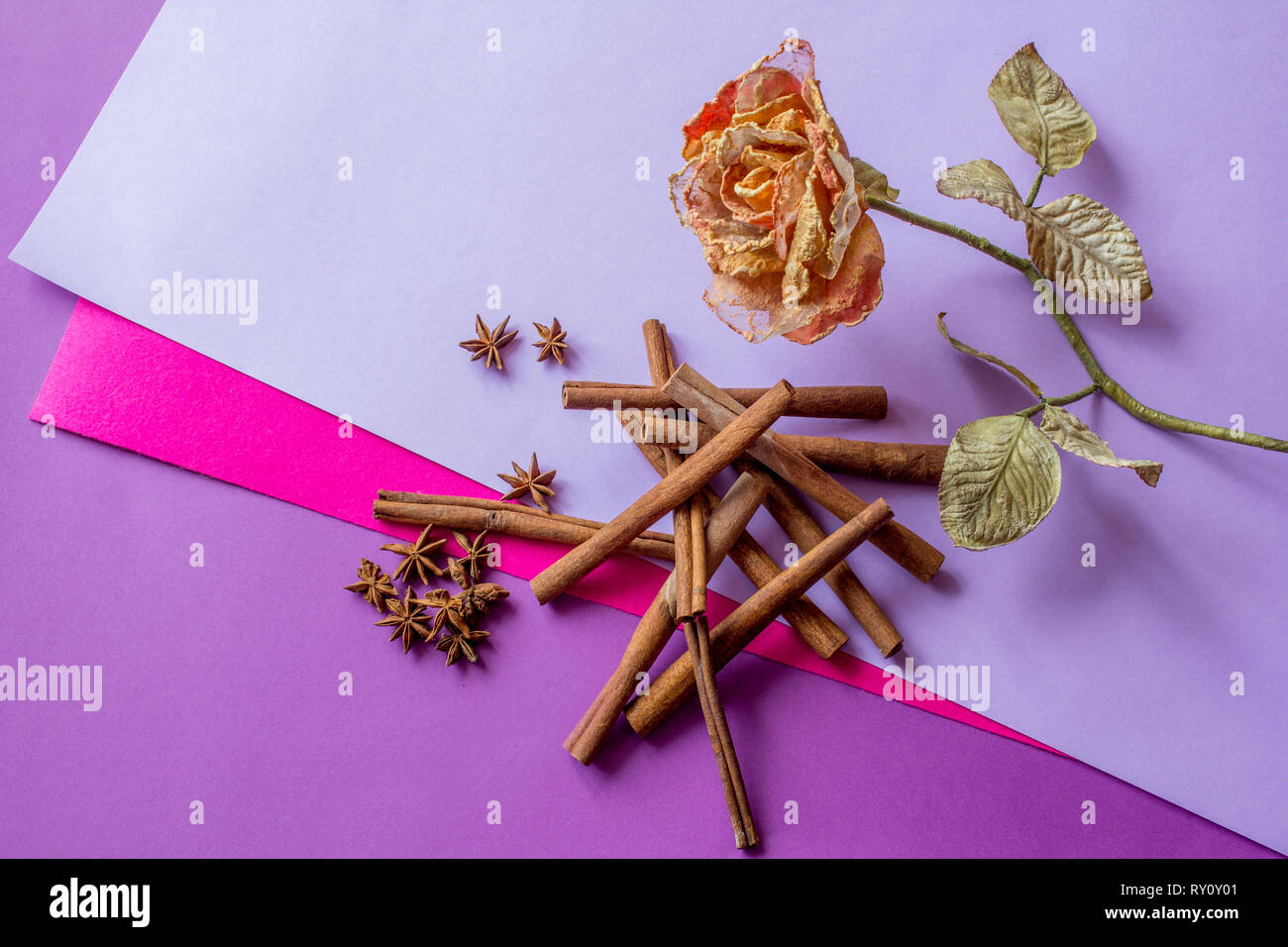 Still Life de rose artificielle, des bâtons de cannelle et anis étoile couchée sur fond coloré Banque D'Images