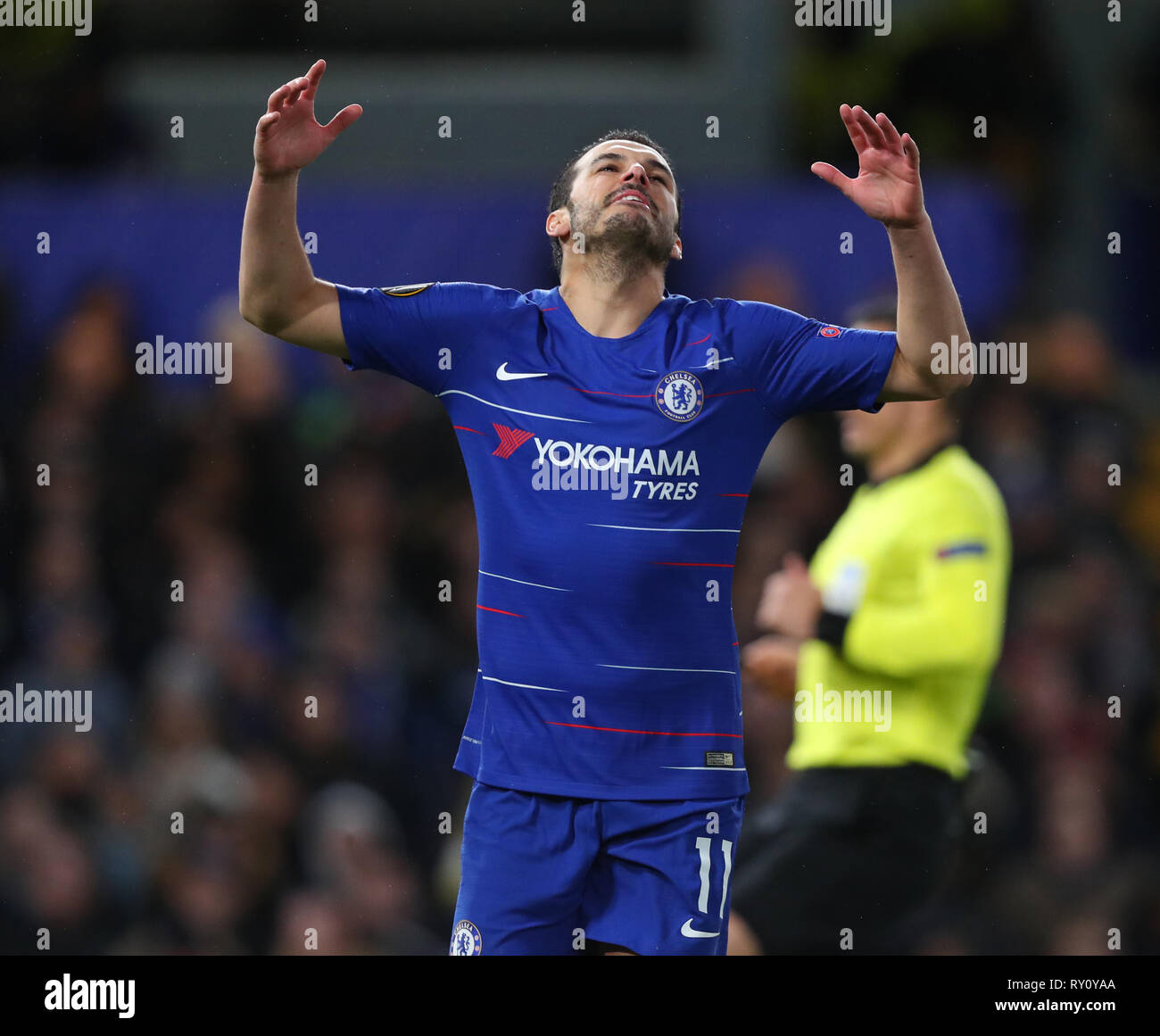 Londres, ANGLETERRE - 7 mars 2019 : Pedro de Chelsea lors de l'Europa League match entre Chelsea et Dynamo Kiev à Stamford Bridge. Banque D'Images