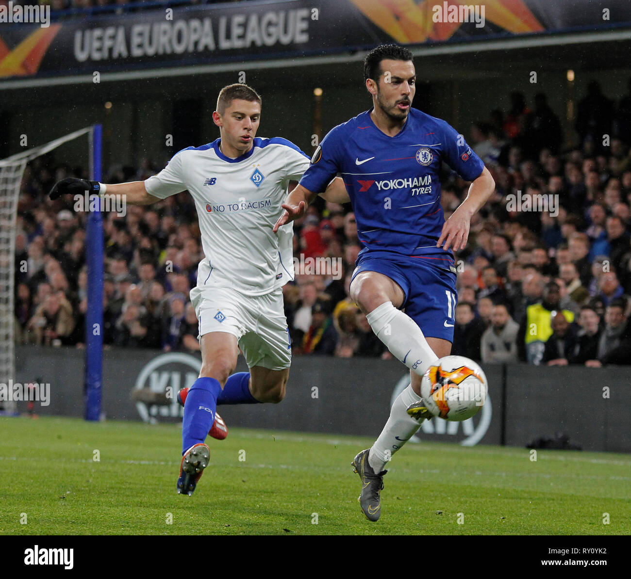 Londres, ANGLETERRE - 7 mars 2019 : Pedro de Chelsea lors de l'Europa League match entre Chelsea et Dynamo Kiev à Stamford Bridge. Banque D'Images