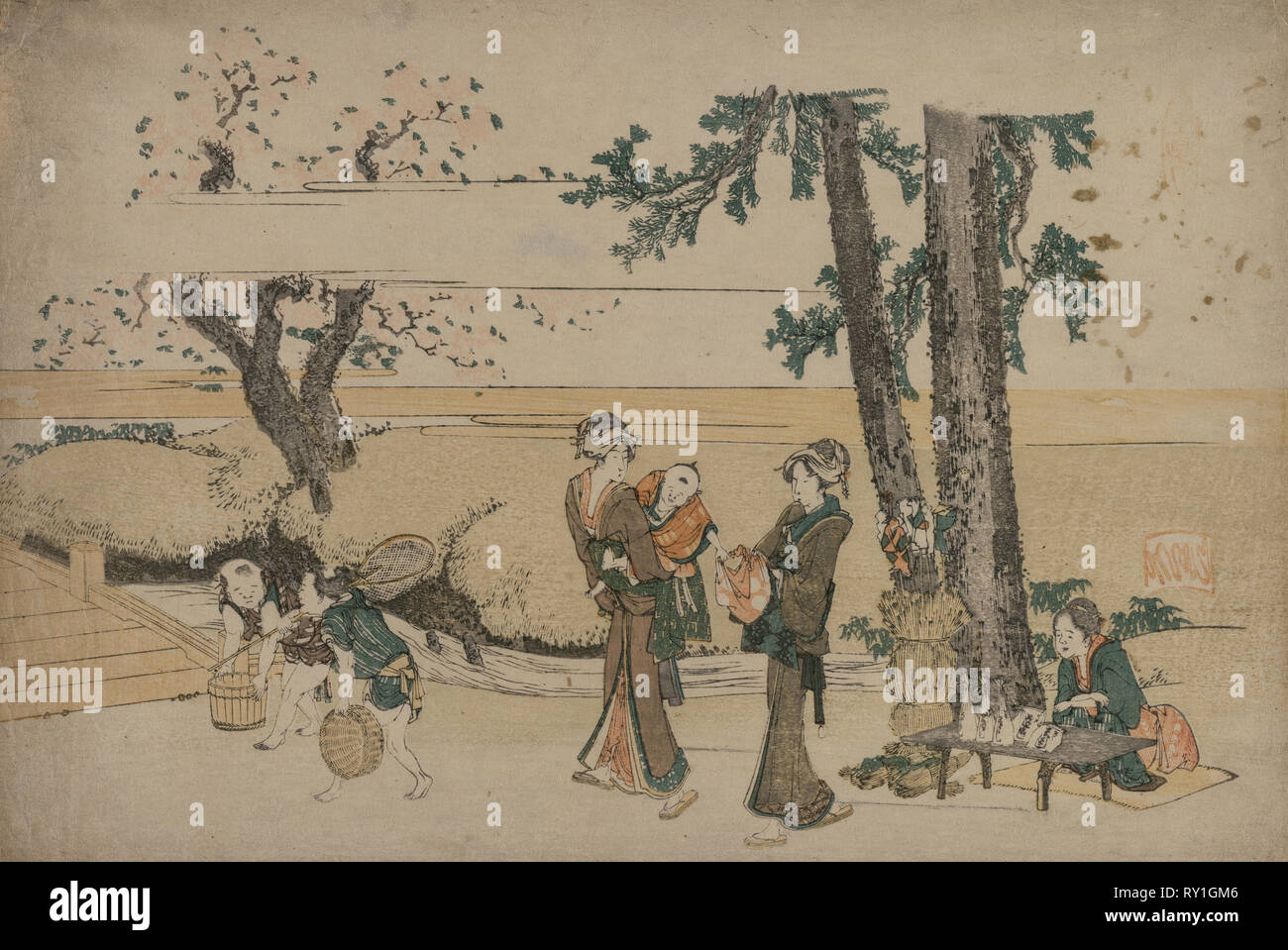 Femme passant d'un contrôle routier près de Boutique Oji, début des années 1800. Katsushika Hokusai (1760-1849), Japonais. Gravure sur bois en couleur ; feuille : 25,4 x 38,4 cm (10 x 15 1/8 in Banque D'Images