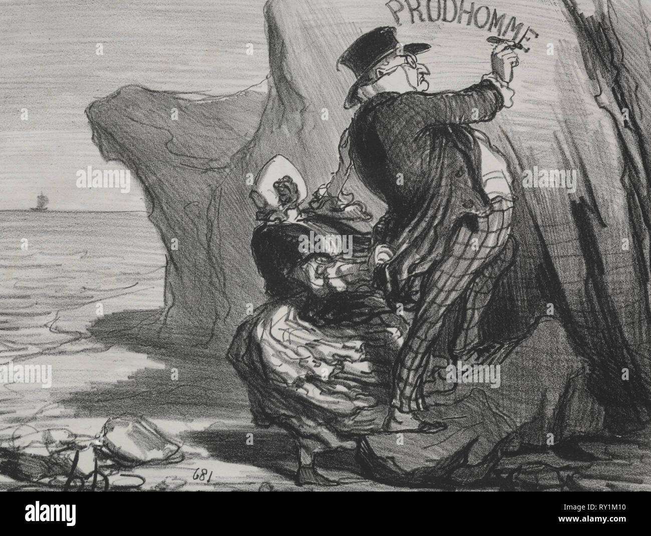 Publié dans Le Charivari (13 octobre 1854) : le bon Bourgeois (plaque 3) : Je veux laisser un monument impérissable de notre visite à cette falaise..., 1854. Honoré Daumier (Français, 1808-1879). Fiche technique : Lithographie ; 25,7 x 35 cm (10 1/8 x 13 3/4 in.) ; image : 20,2 x 26,6 cm (7 15/16 x 10 1/2 po Banque D'Images