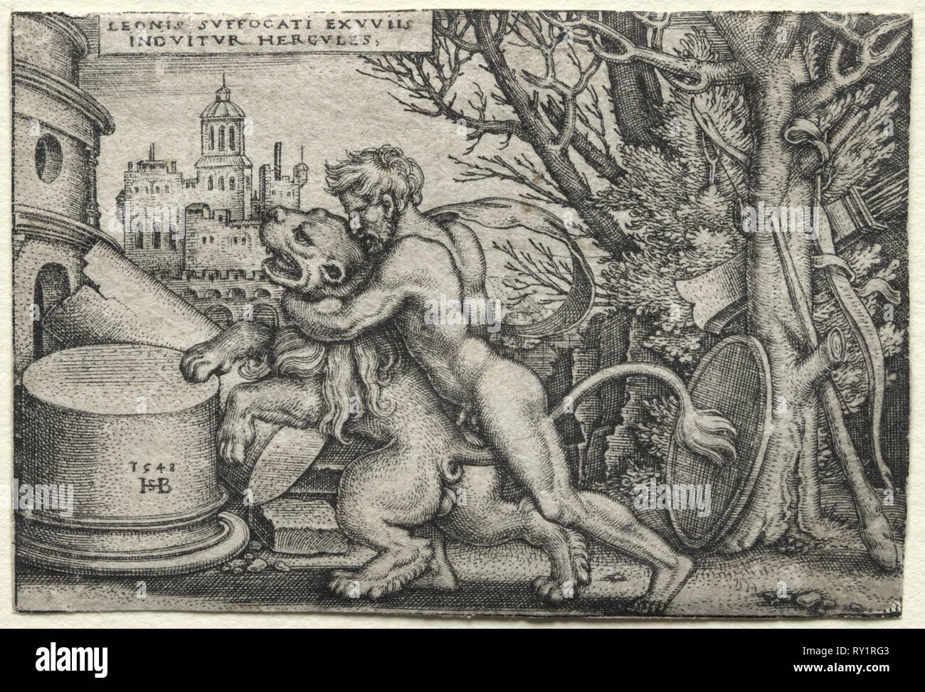 Les travaux d'Hercule : Hercules étranglant le lion de Némée, 1548. Hans Sebald Beham (allemand, 1500-1550). Gravure Banque D'Images