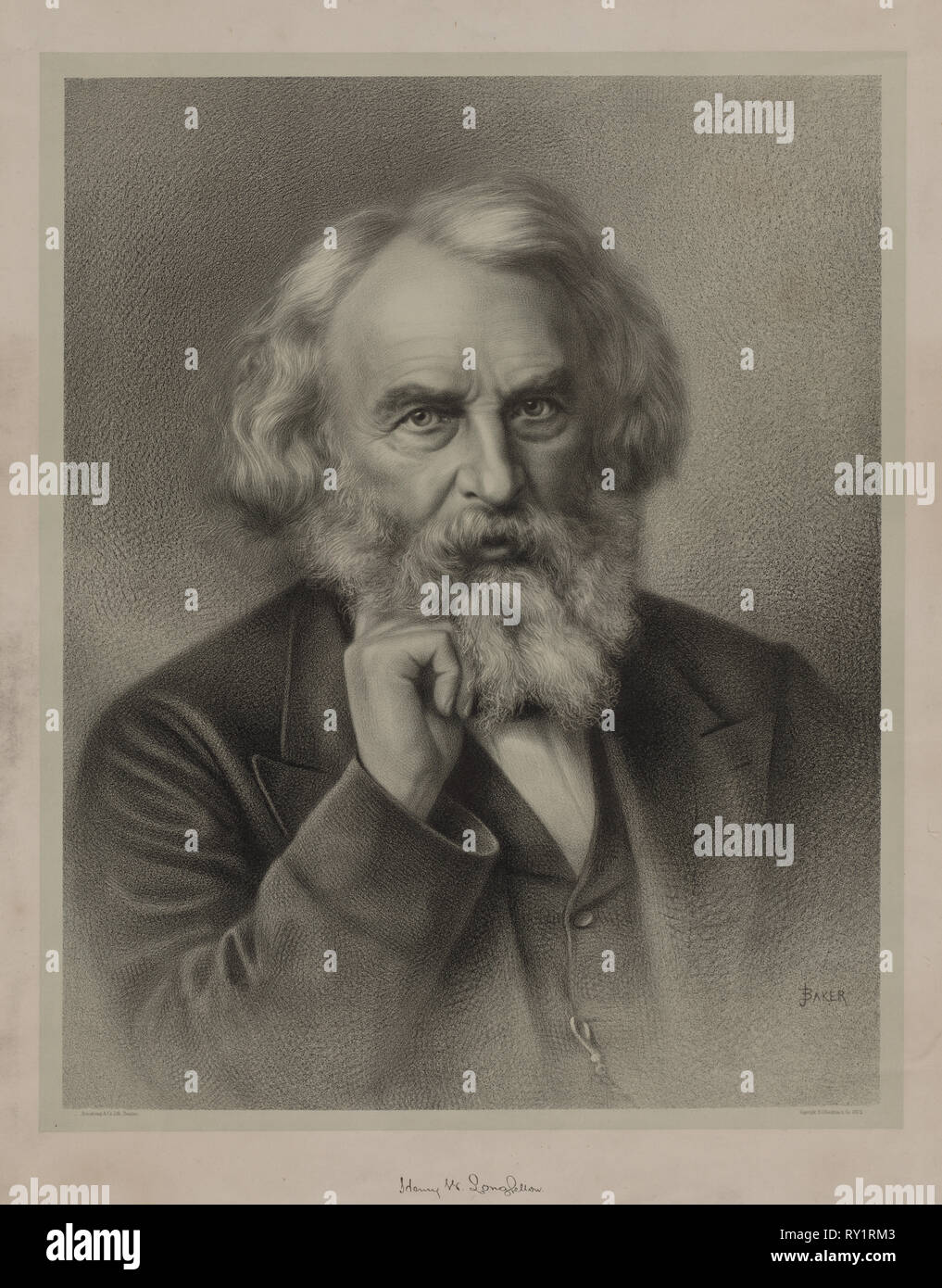 Henry Wadsworth Longfellow, 1875. J. Baker (américain). Lithographie Banque D'Images