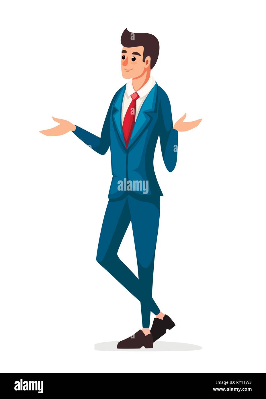 Businessman standing et surpris. Bleu classique costume avec cravate rouge. Télévision vector illustration isolé sur fond blanc. Cartoon character design Illustration de Vecteur
