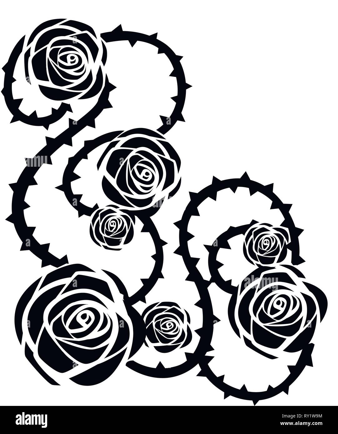 Silhouette noire. Profil de red rose avec des épines. Carte de vœux floral design. Télévision vector illustration sur fond blanc. Illustration de Vecteur