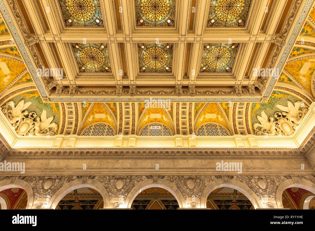 La grande salle de l'intérieur. Bibliothèque du Congrès. Washington DC, USA Banque D'Images
