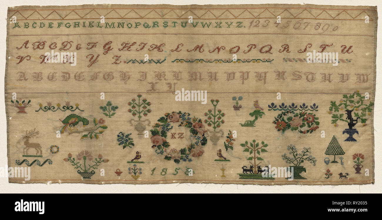 Sampler, 1858. Kestenbaum Celia Grossman (autrichien). Broderie : lin ; total : 31,8 x 65,4 cm (12 1/2 x 25 3/4 in Banque D'Images