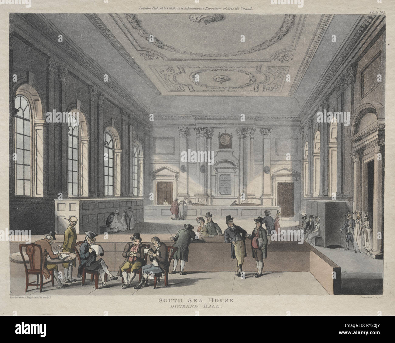Maison de la mer du Sud, dividende Hall, 1810. Thomas ROWLANDSON (1756-1827), britannique, et Augustus Charles Pugin (britannique, 1762-1832). Eau-forte Banque D'Images
