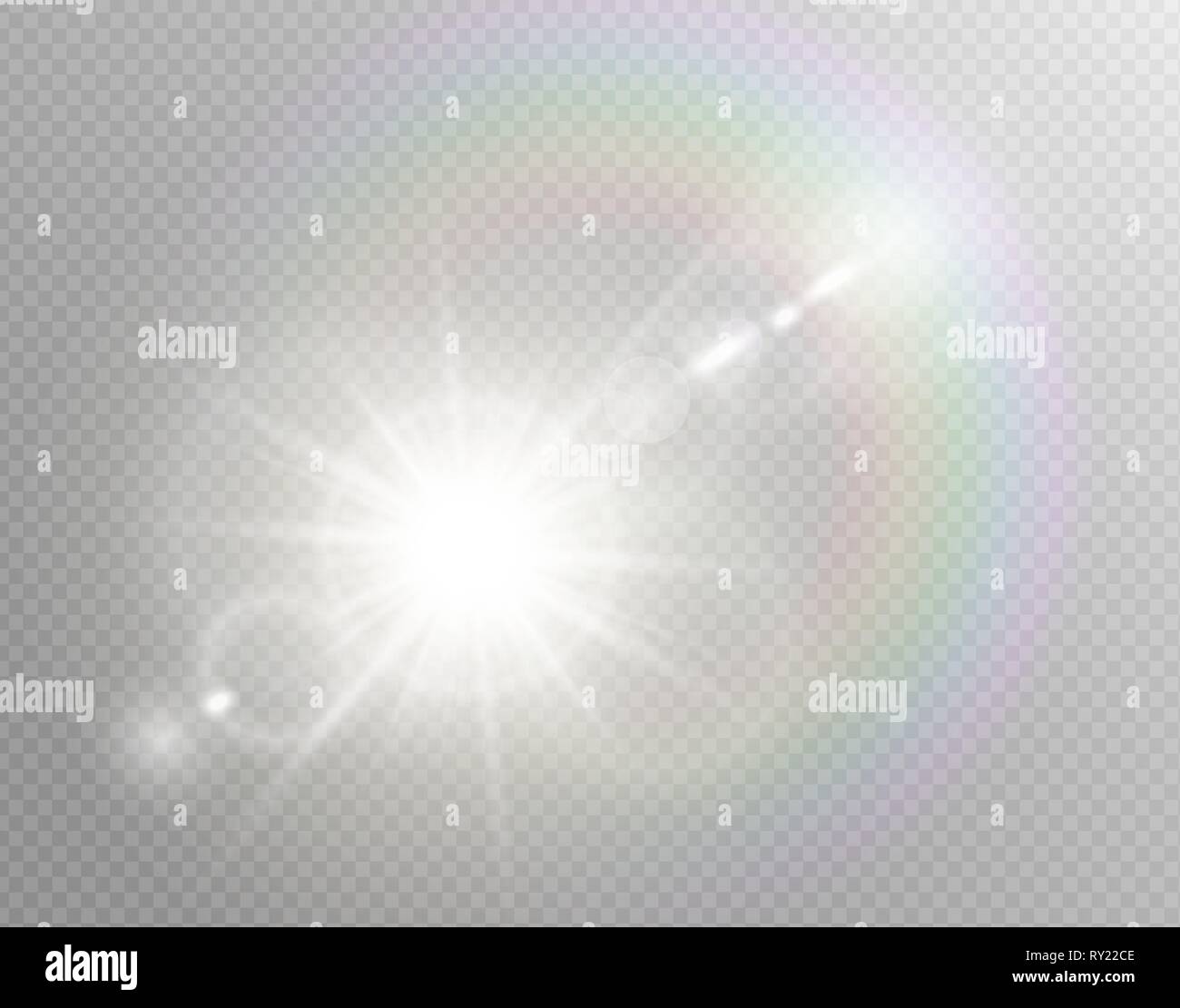 Vector transparent spécial soleil reflets effet de lumière. Rayons sun flash isolé spotlight. Soleil blanc translucide avant arrière-plan. Blur Illustration de Vecteur
