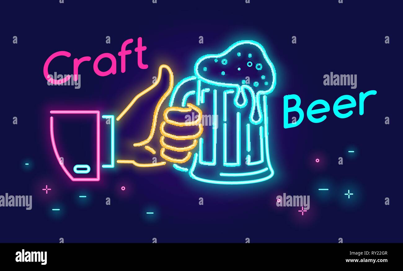 Craft Beer glass et Thumbs up'icône Symbole dans neon light style sur fond sombre. Vector illustration de néon lumineux main humaine détient beer mug avec t Illustration de Vecteur