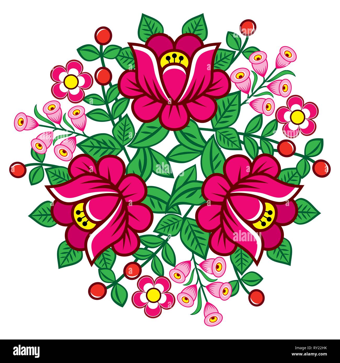 Polish folk art floral décoration ronde vecteur Zalipie, motif décoratif avec des roses et des feuilles - carte de voeux, d'invitation de mariage Illustration de Vecteur