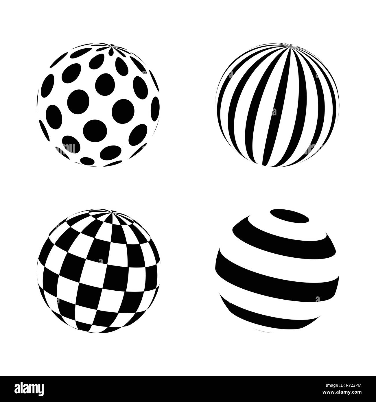 Ensemble de formes minimalistes. sphères noir et blanc isolé. Emblèmes élégant. Sphères de vecteur avec pois, rayures, places pour les conceptions de sites web. Colle les panneaux Illustration de Vecteur