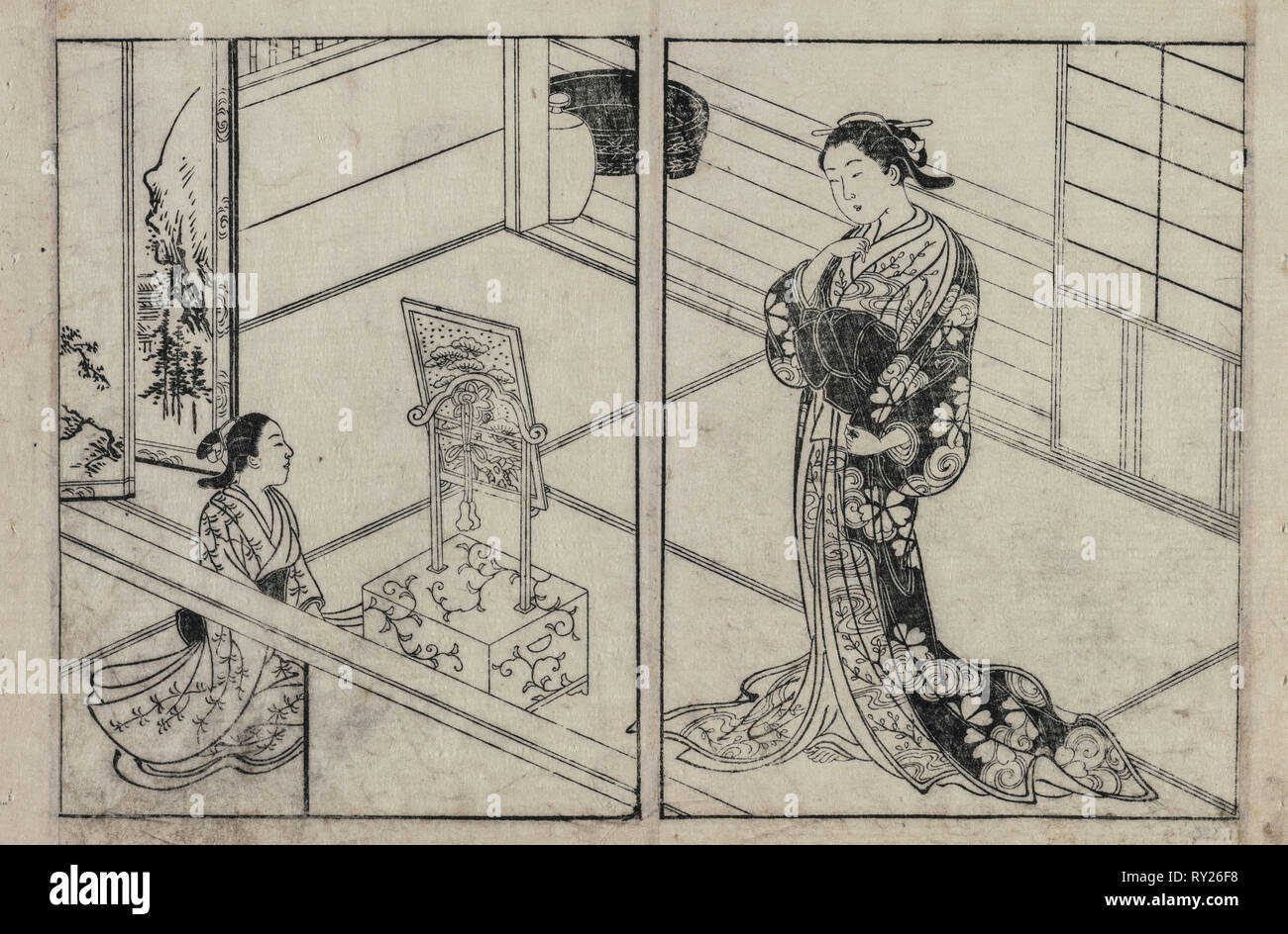 Femme et enfant à côté d'un stand de miroir, ch. Années 1740. Nishikawa Sukenobu (japonais, 1671-1754). Gravure sur bois en couleur ; feuille : 25,6 x 37,4 cm (10 1/16 x 14 3/4 po Banque D'Images