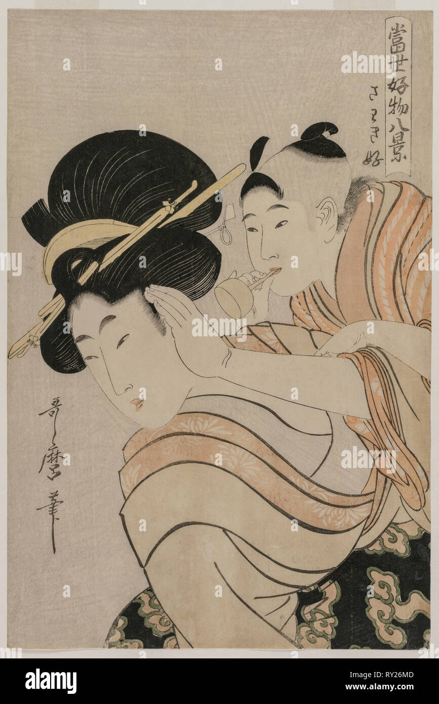Fond de bruit de la série de huit vues de choses préférées du monde d'aujourd'hui, fin des années 1790. Kitagawa Utamaro (1753 ?-1806, Japonais). Gravure sur bois en couleur ; feuille : 38,2 x 25,4 cm (15 1/16 x 10 in Banque D'Images