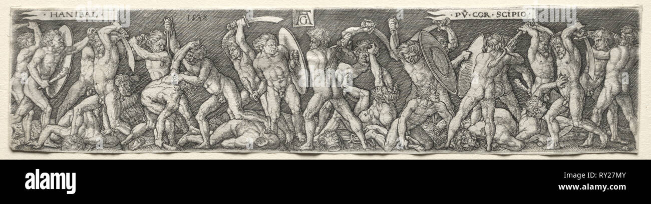 Lutte contre Hannibal Scipion, 1538. Heinrich Aldegrever (allemand, 1502-1555/61). Gravure Banque D'Images