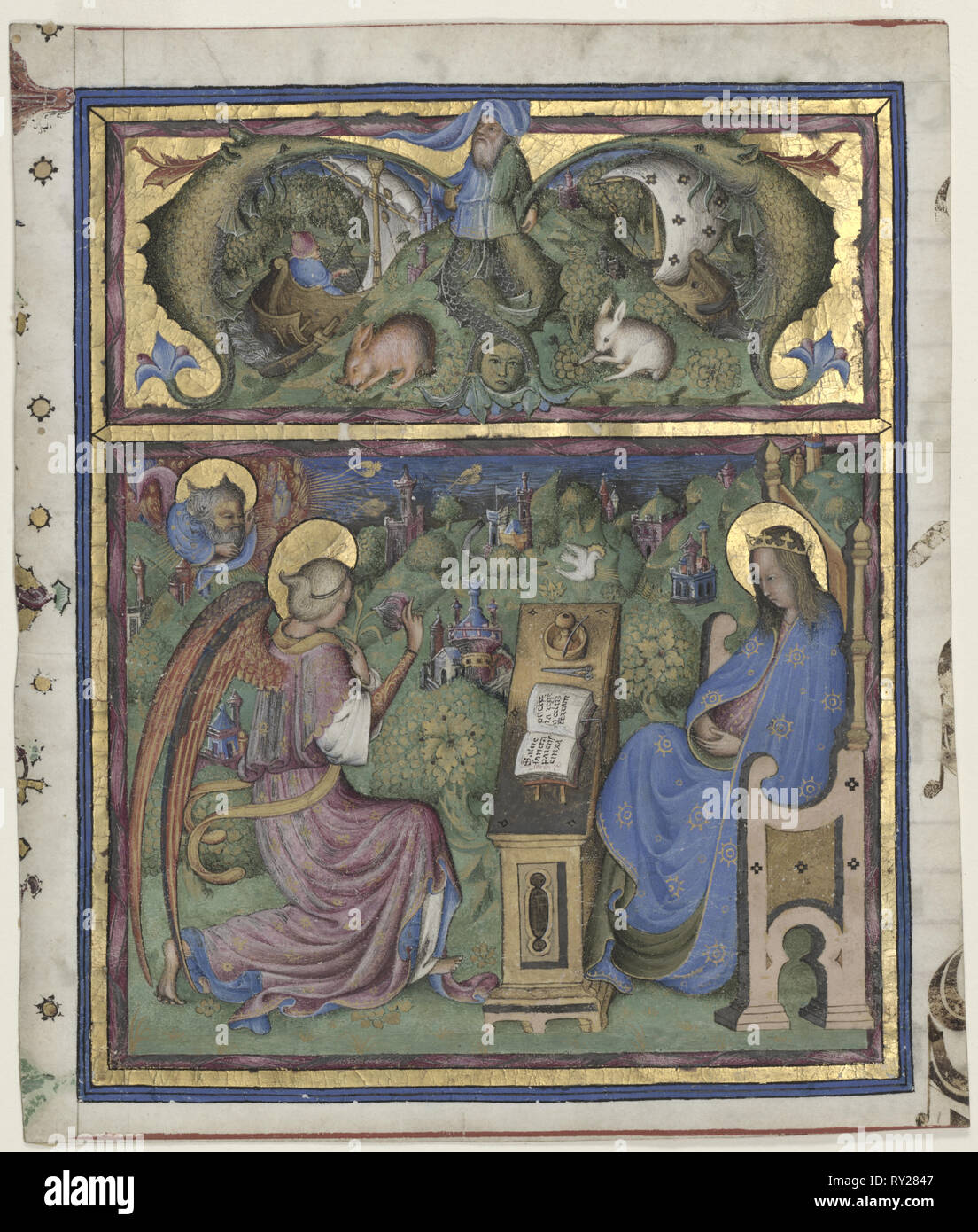M initiale[est] excisés d'issus d'un Antiphonary : l'Annonciation, 1430-1438. Stefano da Verona (Italien), ch. 1375-1438). Encre, tempera, et d'or sur vélin ; feuille : 19,7 x 16,7 cm (7 3/4 x 6 9/16 in.) ; produits : 52,4 x 39,7 cm (20 5/8 x 15 5/8 in.) ; enchevêtrées : 48,9 x 36,2 cm (19 1/4 x 14 1/4 in Banque D'Images