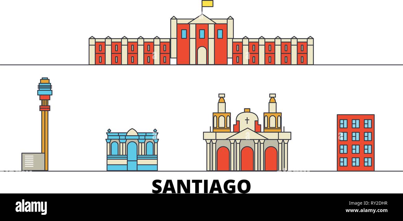 Chili, Santiago télévision landmarks vector illustration. Chili, Santiago line city avec de célèbres sites de voyage, d'horizon, design. Illustration de Vecteur